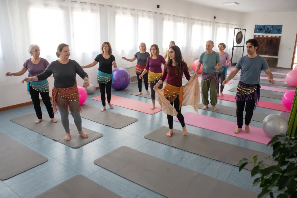 Gruppo di persone in piedi in una sala luminosa durante una lezione di danze arabo-orientali, con le cinture a monetine ai fianchi e le braccia aperte (immagine generata con AI)